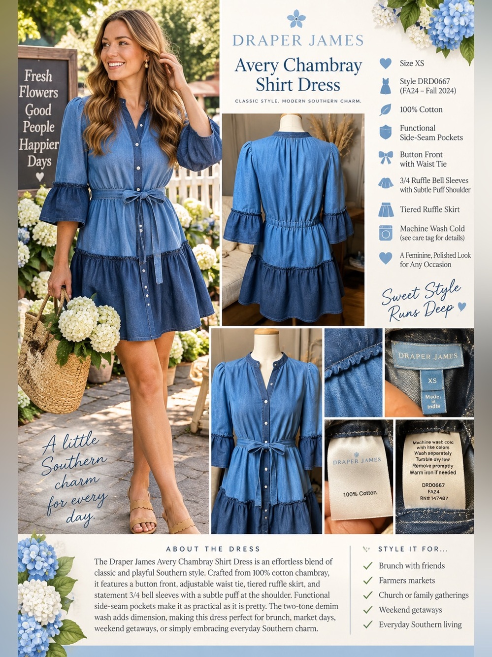 NWOT DraperJames Chambray Tiered Denim Ruffle Dress Pockets Bell Sleeves